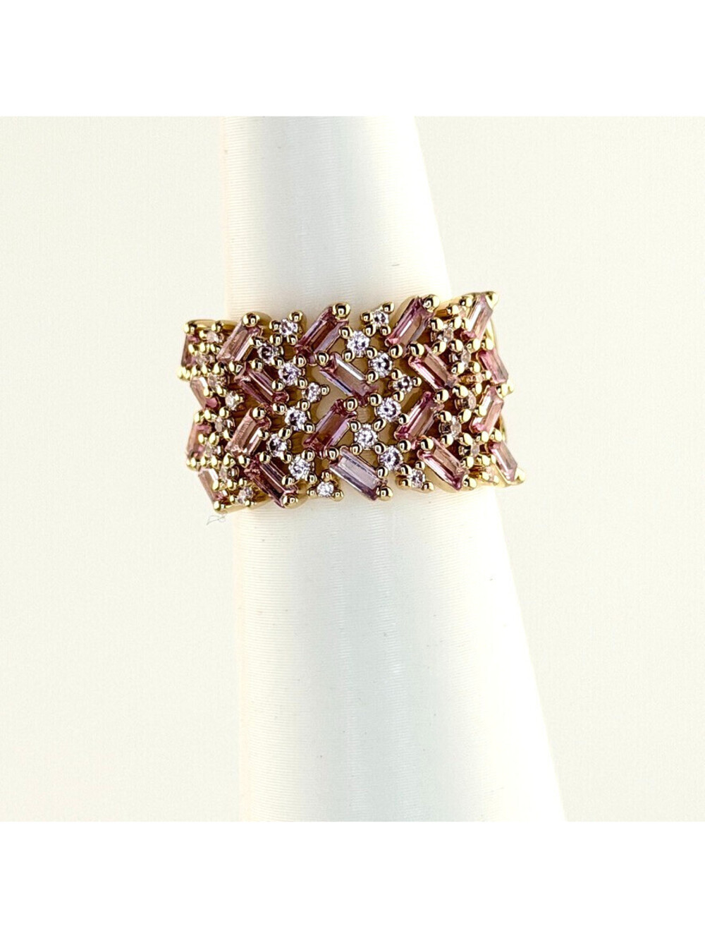 Bomb Party Sz 5 "A Life Lit By Chevron Shine" Rose Corundum on Yellow Gold